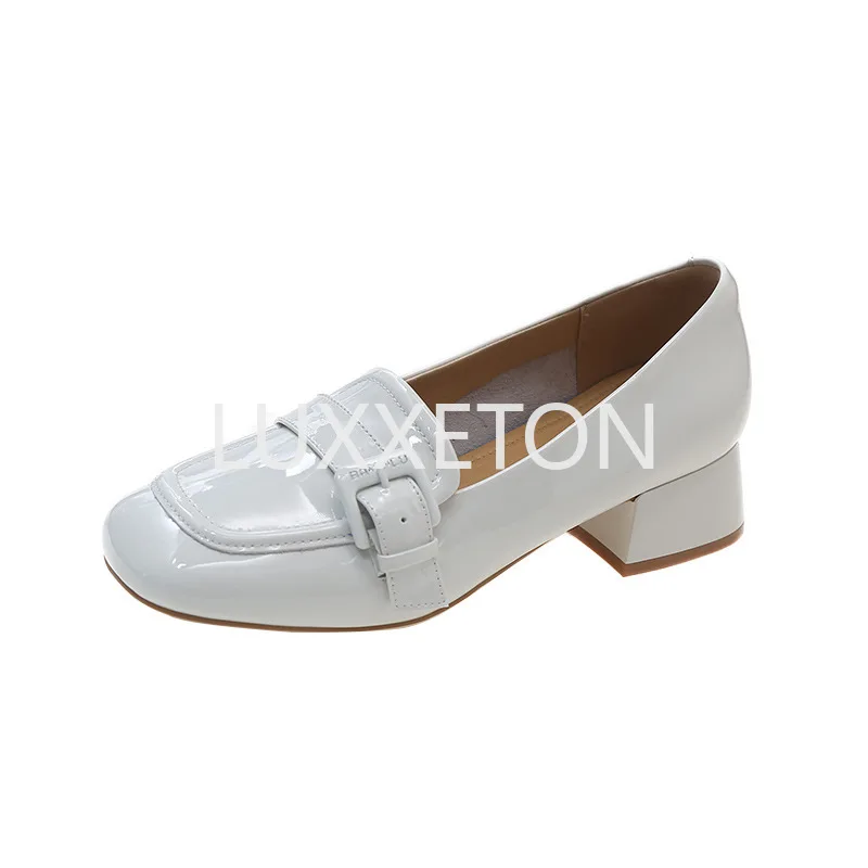 

Женские лоферы из натуральной овечьей кожи, туфли-лодочки на среднем каблуке, модные женские офисные туфли без застежки с квадратным носком, черные женские туфли