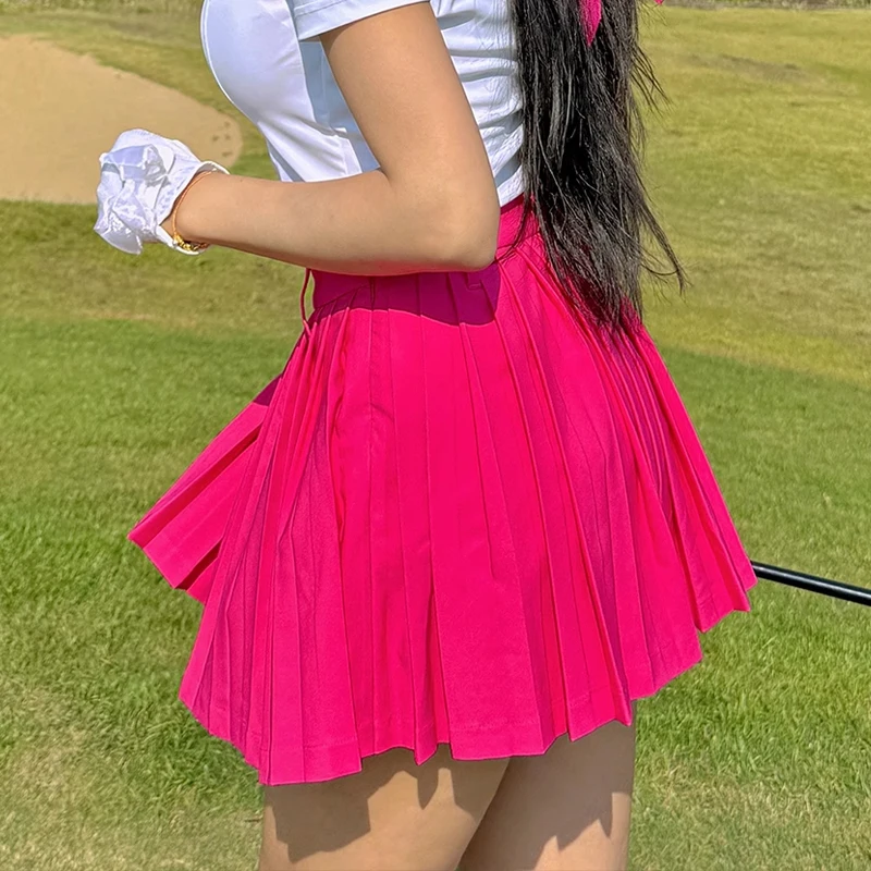 Spring and Summer Golf Women's Rose Red Pleated Skirt Sports High Waist Irregular Skort Pants Ladies Tennis Lesuire Golf Wear