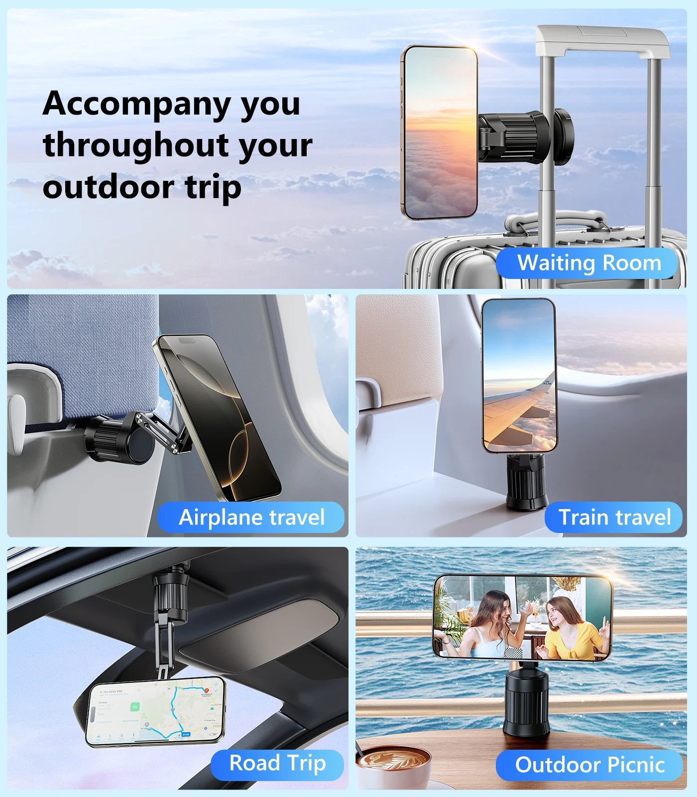 Eary Magnetic Phone Holder Stand Airplane Travel Accessories 360° Rotatable Portable for Desk Train Seat for iPhone 16 Samsung