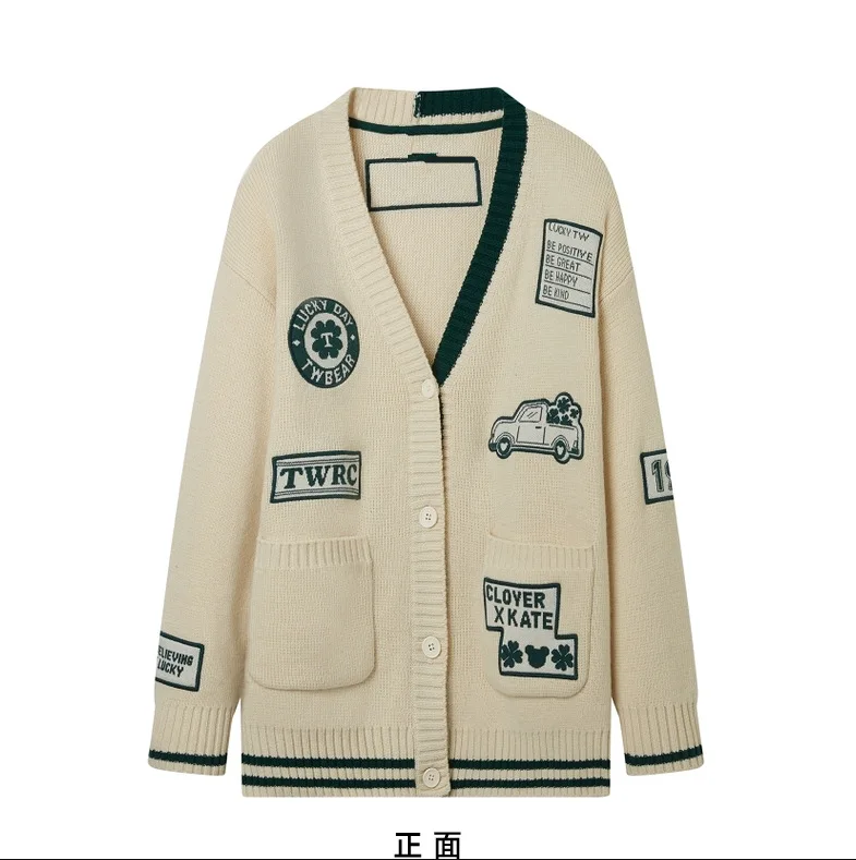 

Cartoon Embroidery Fashion Contrast Color Women Cardigan Autumn Winter JK Style Loose Casual Pockets Sweater Pullovers
