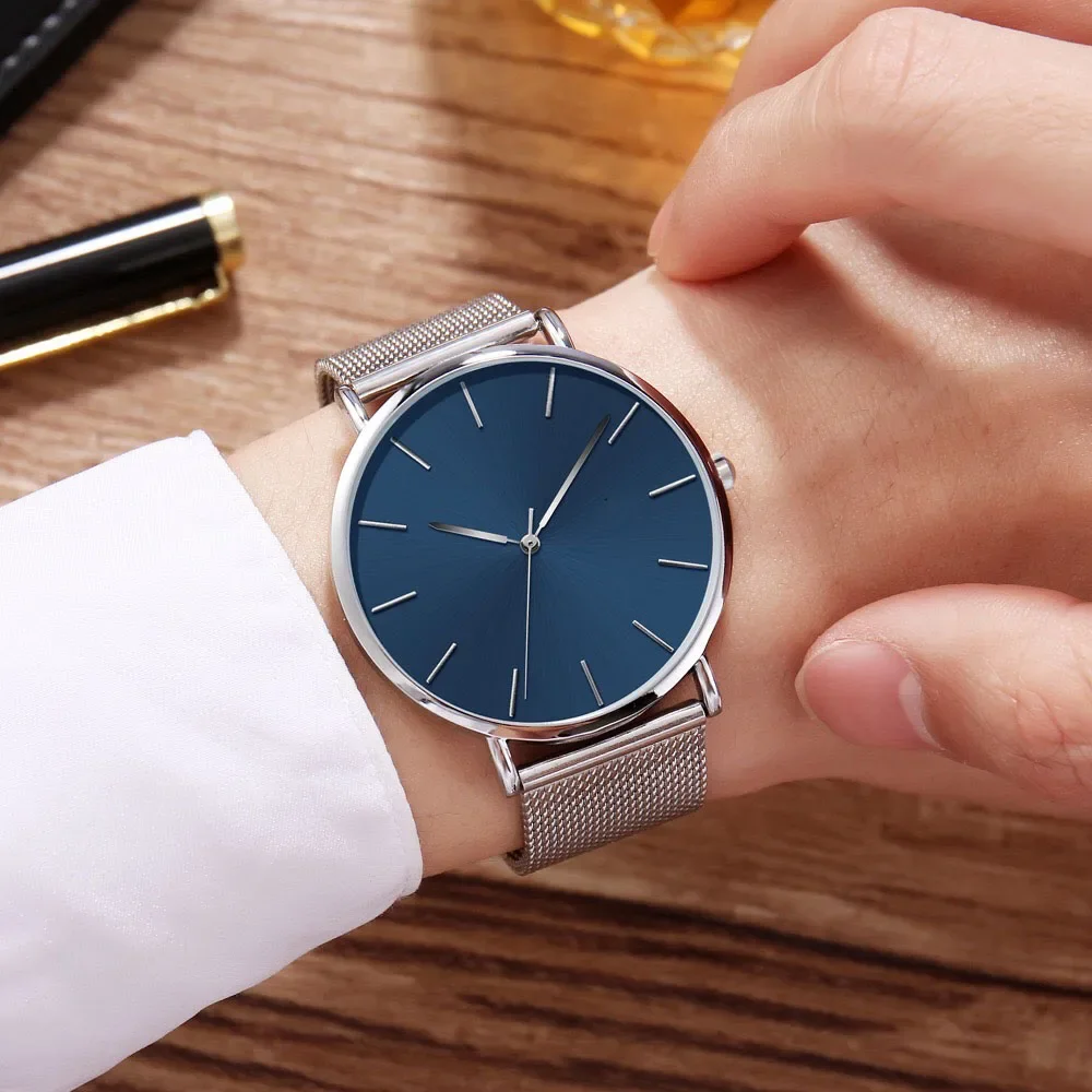 Elegant Men's Ultra Thin Quartz Watch - Black Stainless Steel Mesh, Waterproof Casual Sport Design