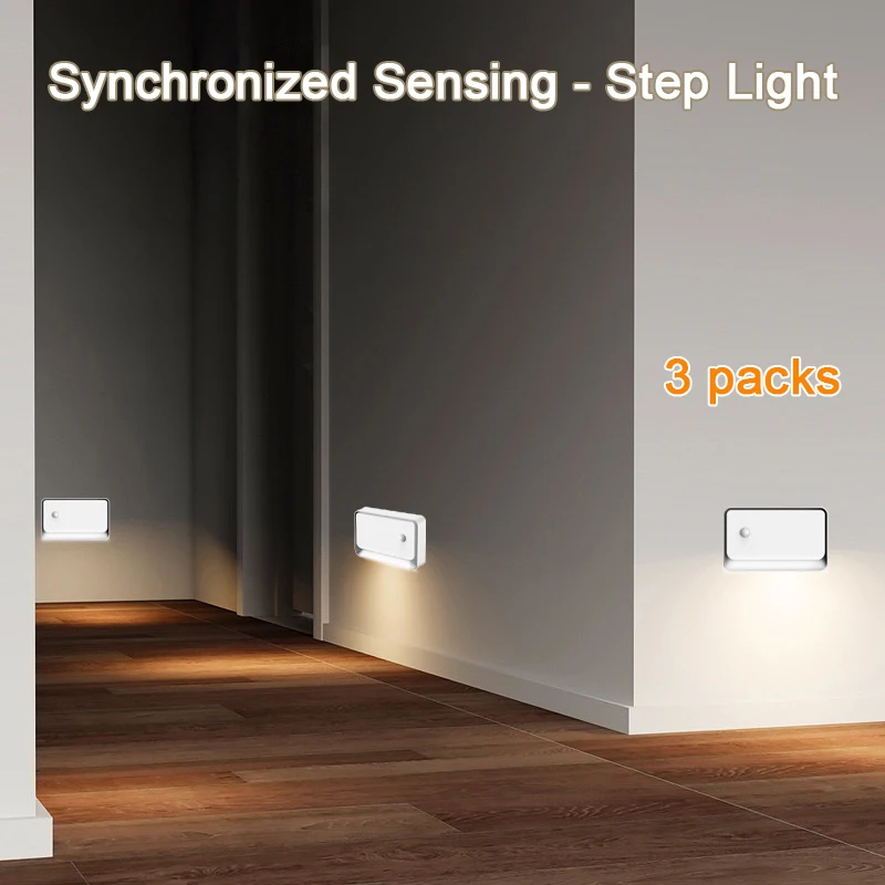 3 packs, Smart Linkage Motion Sensor Night Light Rechargeable Wireless Magnetic LED Induction Lamp Wall Home Bedroom light