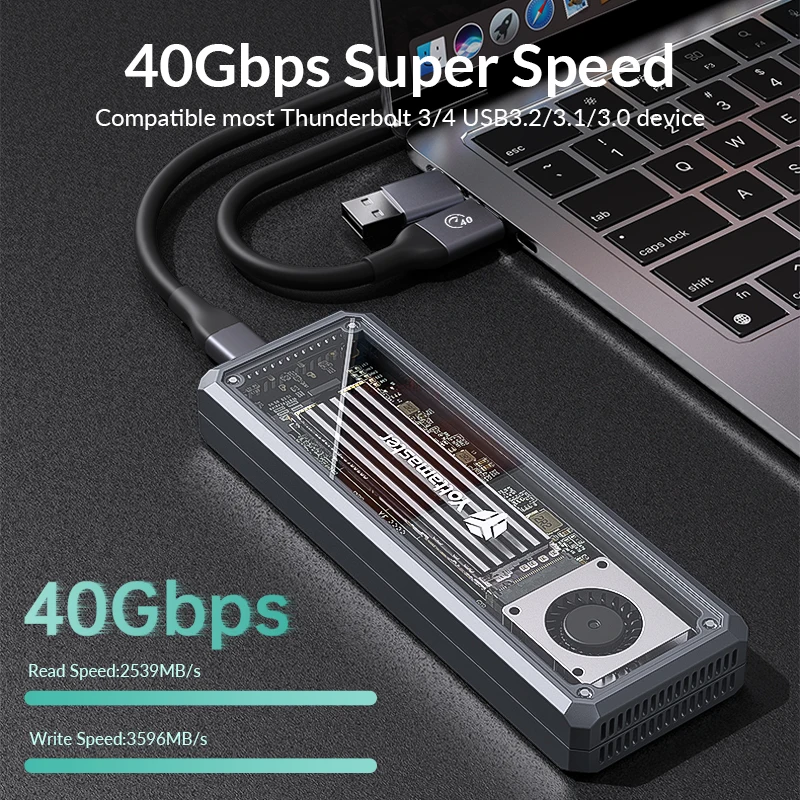 요타마스터 USB4 M.2 NVMe SSD 케이스 (쿨링 터보 팬 포함) 8TB 타입 C 40Gbps 하드 드라이브 인클로저 (썬더볼트 3/4 타입 호환)