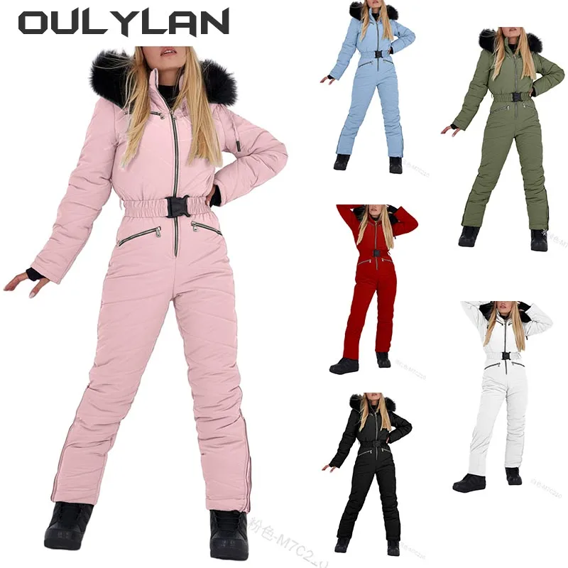 

Oulylan Winter Hooded Ski Suit Jumpsuits Elegant Cotton Padded Warm Sashes Straight Zipper One Piece Women Casual Tracksuits