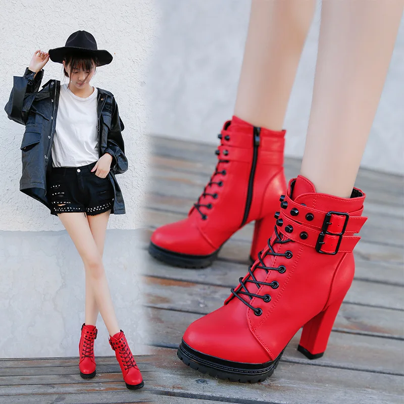 Women Motorcycle Boots New Female Fashion Woman's 11cm High Heel Mature Boots Flat Vintage Buckle Casual Lady Boots