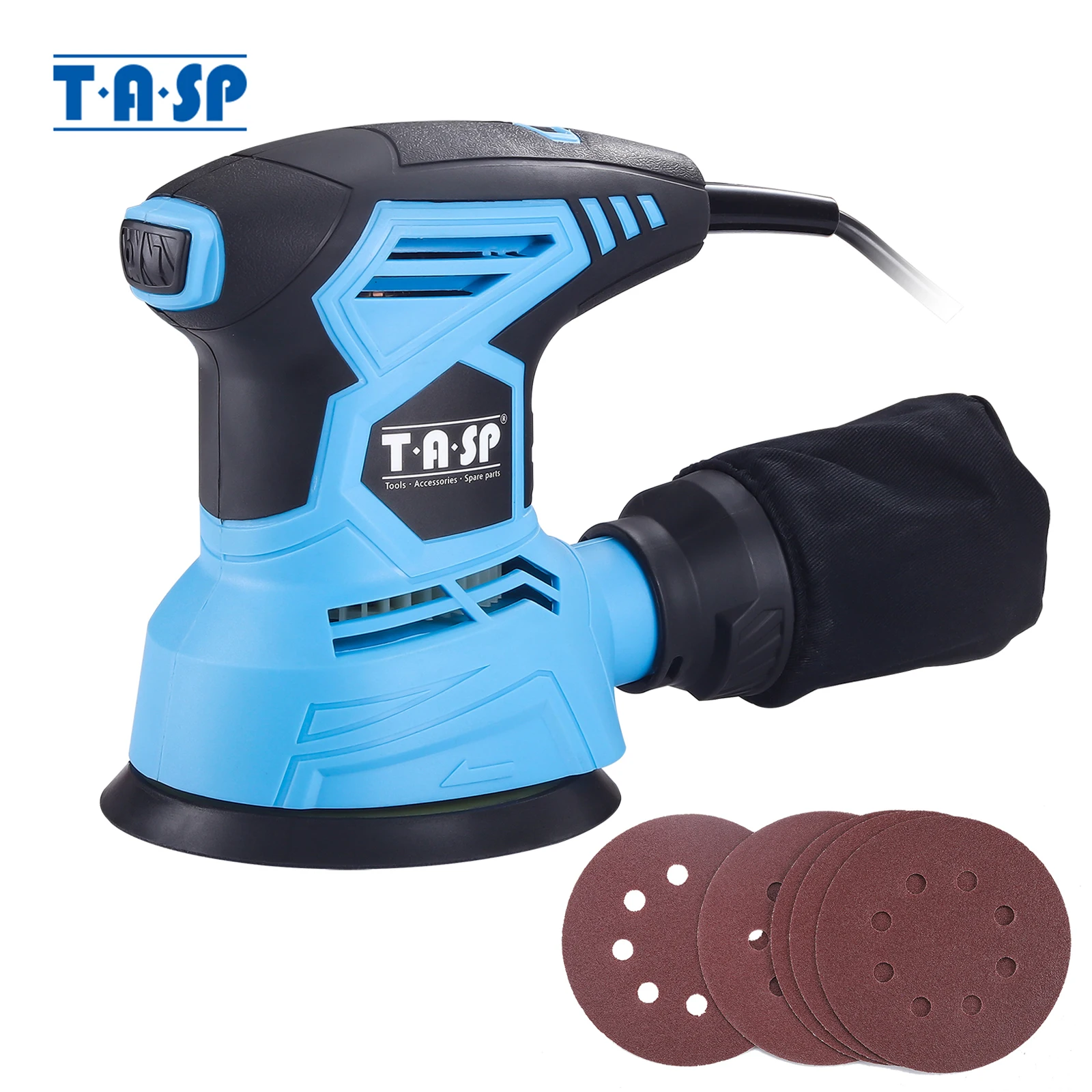 TASP 300W Random Orbital Electric Sander Machine Variable Speed Sanding Tools Hybrid Dust Canister 5pcs 125mm Sandpapers