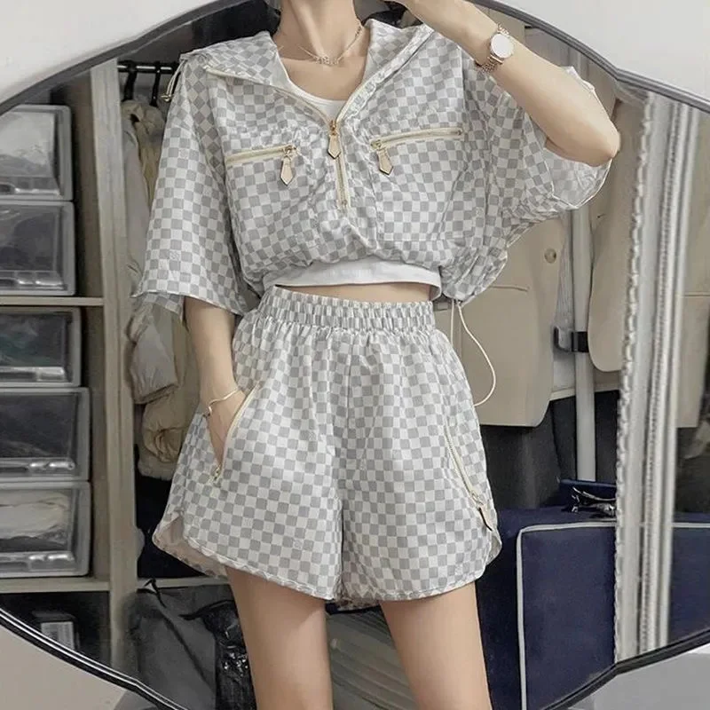 

Summer Women Two Piece Plaid Shorts Sets Sexy Zipper Half Sleeve Blouses & Shorts 2 Piece Short Set 2023 Streetwear Women Outfit