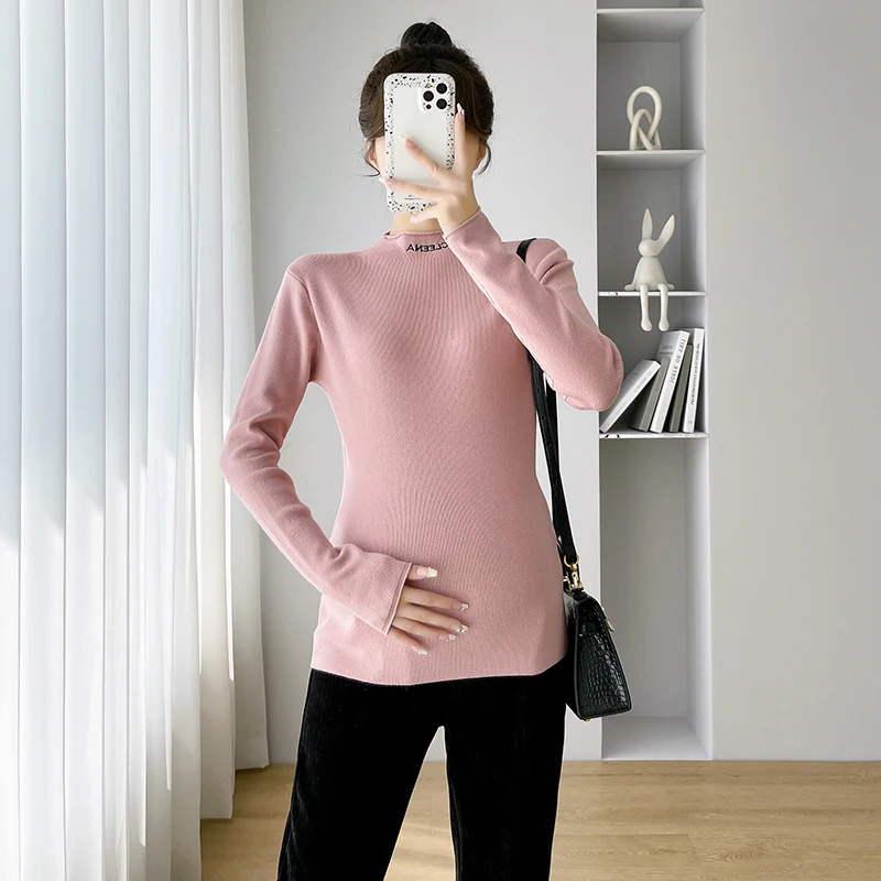 Cute Autumn Winter Fashion Warm Knitted Maternity Sweaters Tight Bottoming Shirt Clothes for Pregnant Women Sweet Pregnancy Tops