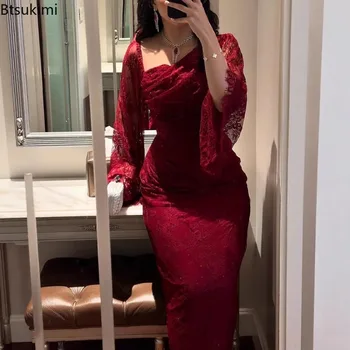 Abiti Lunghi Eleganti da Donna, Vestito da Sera Sexy in Pizzo Aderente per Feste, Abito Asimmetrico Drappeggiato a Vita Alta per Banchetti Autunnali