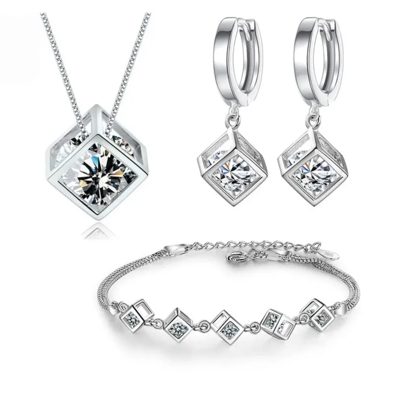 Fashion Moissanite Jewelry Cube Zircon Jewelry Sets for Women Necklace Bracelet Earrings 2024 New Trend Statement Jewelry