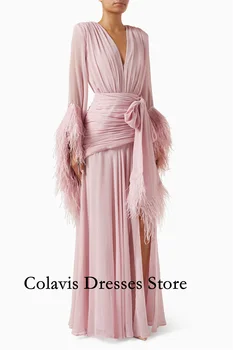 2025 Customized Deep V-Neck Flare Sleeves Feather Pink Chiffon Prom Dresses Evening Dress Women Evening Gowns Formal Party Dress 1