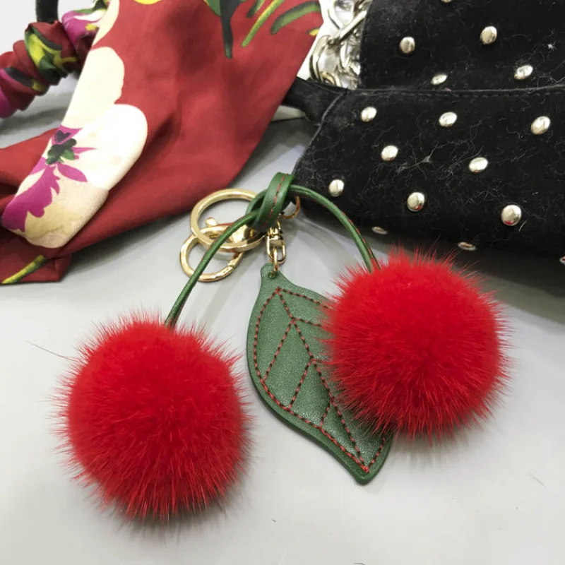 Cherry New Arrival Handmade Keychain with Real Mink Fur, Cute Design for Women Girls, Keychain Accessory for Bags Cars, Gifts
