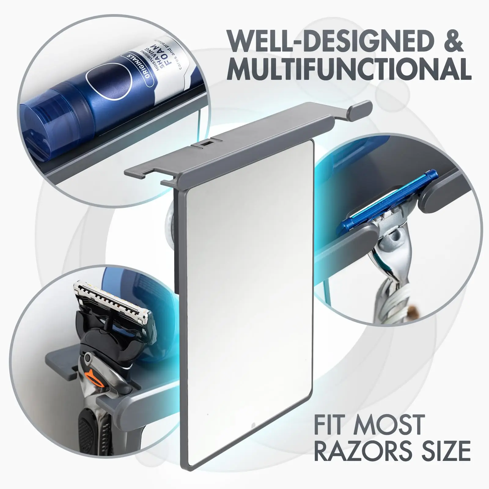 TAILI Shower Mirror Fogless for Shaving with Razor Holder, NO-Drilling & Removable Large Mirror Fogless Suction Wall Mounted 4