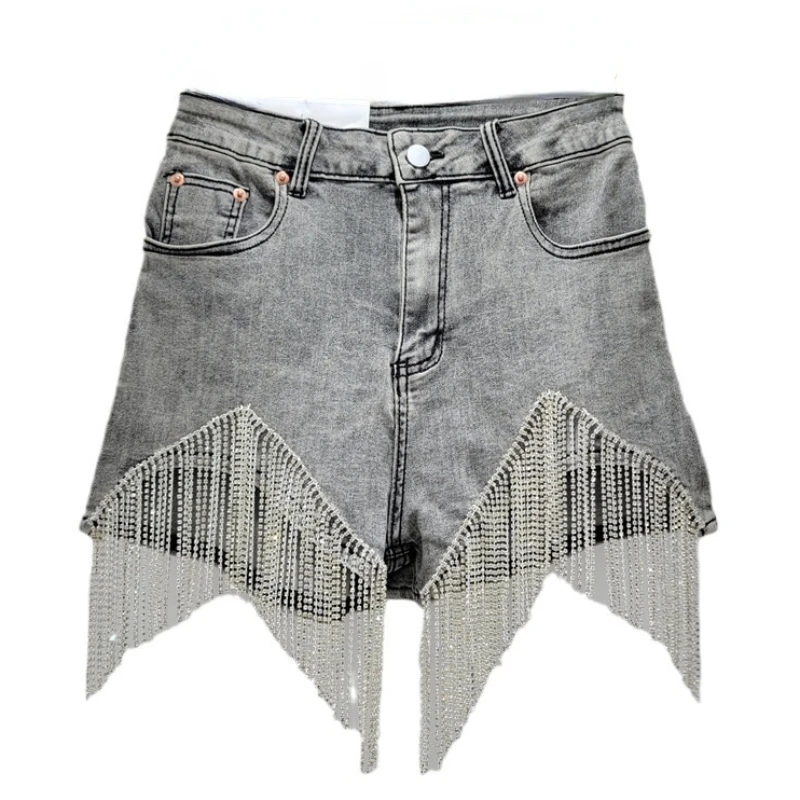 Tassel Chain Denim Shorts Women's Summer 2024 New High Waist Slimming Sexy European and American Style Heavy Industry Shorts