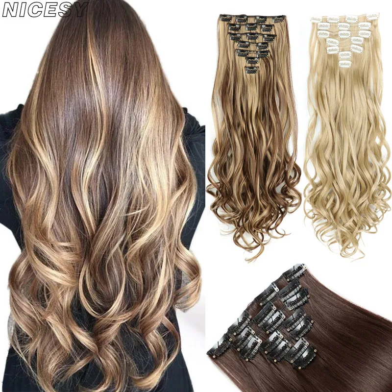7PcsSet16ClipsHairExtensionLongWavySyntheticHairpieceStraight