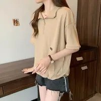 Polo Zipper T Shirts Women Summer Casual Loose Short Sleeve Pullover 2025 new Korean Lady Fashion Shirring Black Tops - Image 2