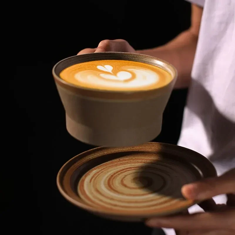Japanese Style Stoneware Coffee Cup and Saucer Set Handmade Retro Mark Cup 350ml Large Capacity Household Milk Breakfast