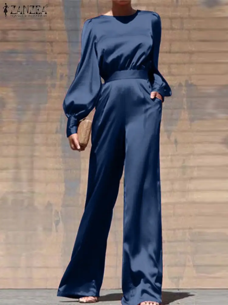 ZANZEA Wide Leg Pant Satin Silk Jumpsuits Women Fashion Long Puff Sleeve Cinched Waist Overalls Elegant   O-neck Long Playsuits