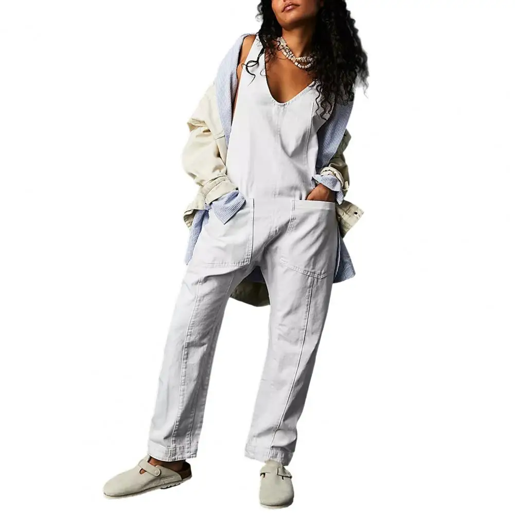 Women Casual Jumpsuit Stylish Women's V-neck Jumpsuit with Adjustable Straps Pockets Relaxed Fit Denim Bib for Streetwear
