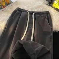 Trendy Japanese Style Fleece Lined Loose Straight Leg Jeans Simple Design Casual Long Pants for Young Men in Autumn