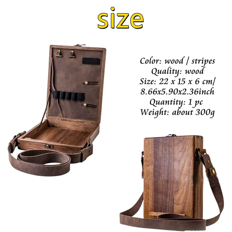 Writers Messenger Wood Box,Multi-Function Artist Tool and Brush Storage Box,Retro Wooden Handmade Portable Crossbody Postman Bag