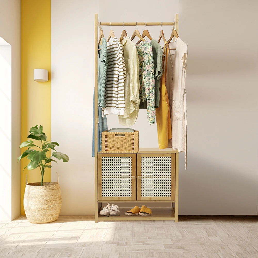 Free Standing Bamboo Clothes Rack Garment Coat Stand Shoe Storage Cabinet Shelf — view 5