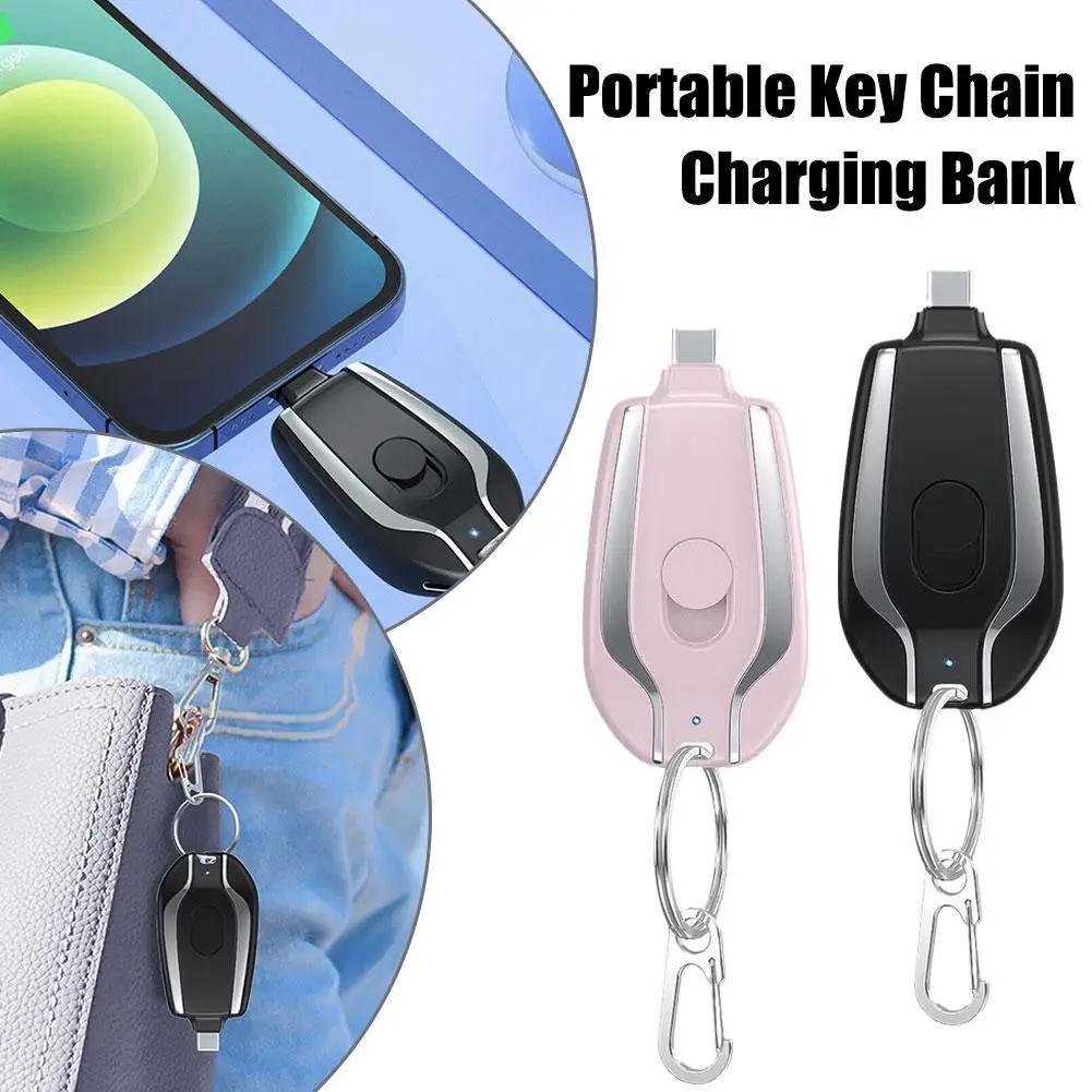 iPhone Android Type C USB Mobile Phone Portable Emergency Keychain Charger with 1500mAh Battery Mini Power Bank Keychain for