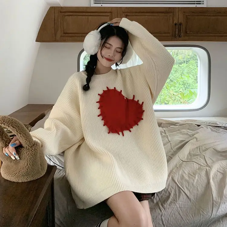

Autumn Winter New Sweaters Heart Graphic Patchwork Oversized Knitted Pullovers Casual Loose Lazy Style All Match Women Jumpers