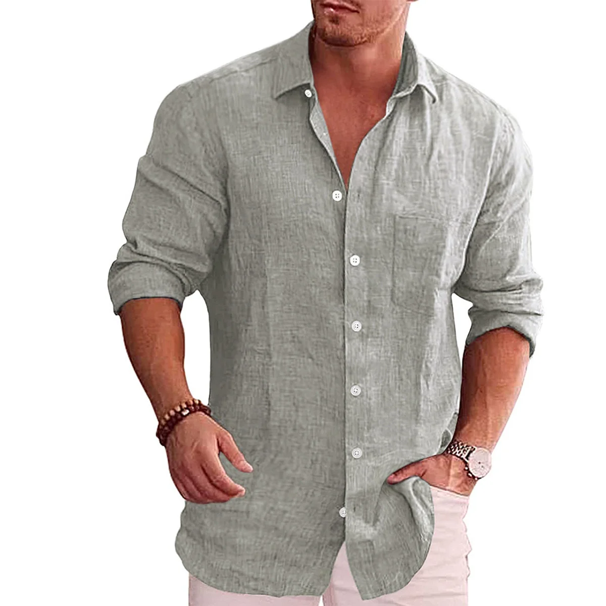 0250~ID Standard Collar Flax Blend Shirt