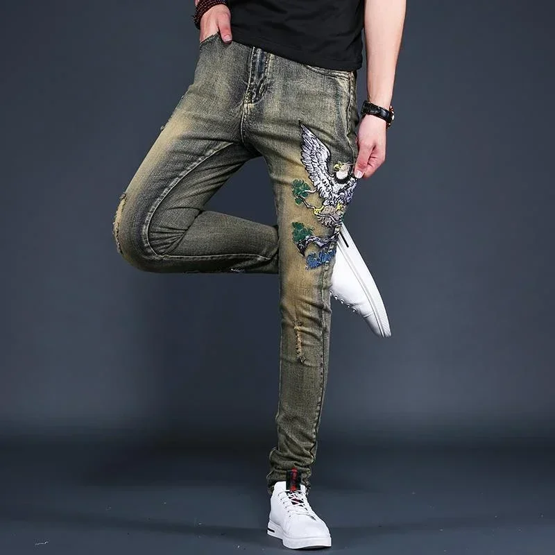 Man Cowboy Pants with Holes Torn Men's Jeans Ripped Trousers Broken Slim Fit Tight Pipe Vintage Embroidery Skinny Graphic Xs Y2k