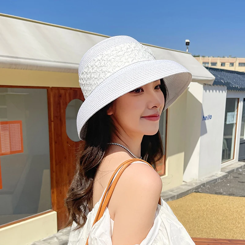 

Elegant Retro Hepburn Style Bow Straw Hat Female Summer Sun Protection Sun Hat Travel Vacation All-Match Wide Brim Beach Hat