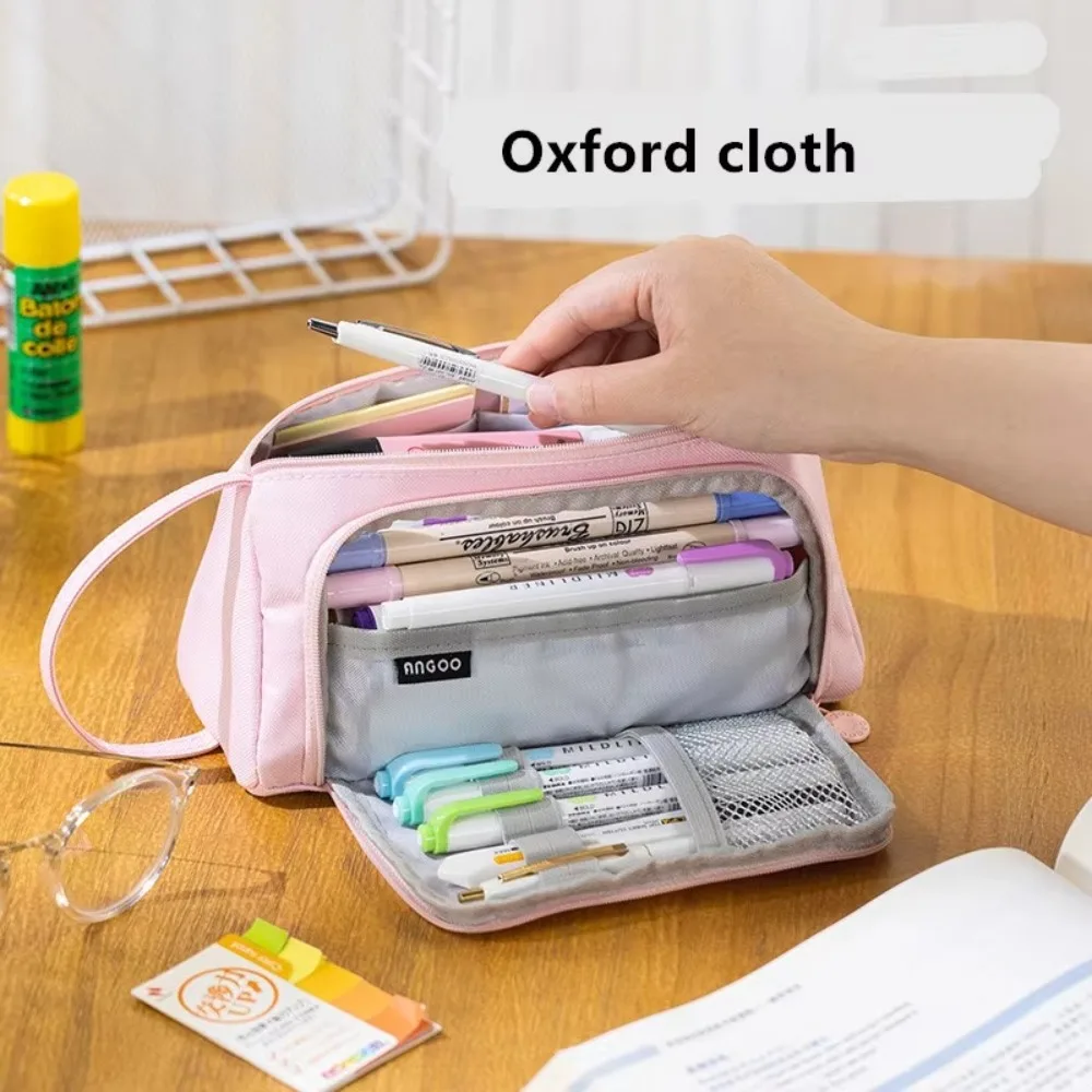 Astuccio portatile per matite, borsa porta matite multistrato in tinta unita, grande capacità con maniglia, scatola per penne, forniture per scuola e ufficio - immagine 5