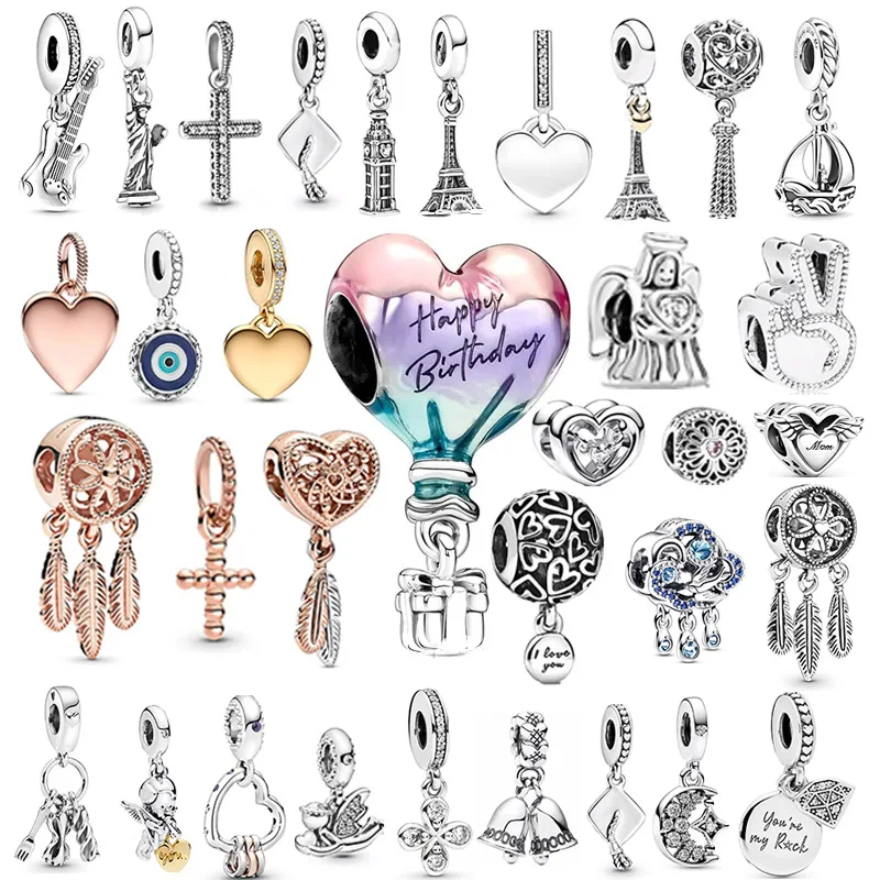 

925 Sterling Silver Sparkling Cross Pendant & Paris Eiffel Tower Dangle Charm Jewelry Beads Fit Original Pandora Bangle Bracelet