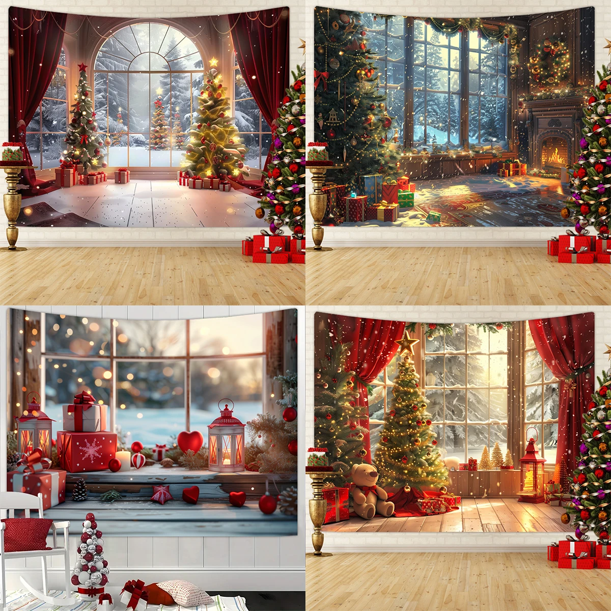 1pc Christmas tapestry snow background banner outside the Christmas tree window fireplace tapestry