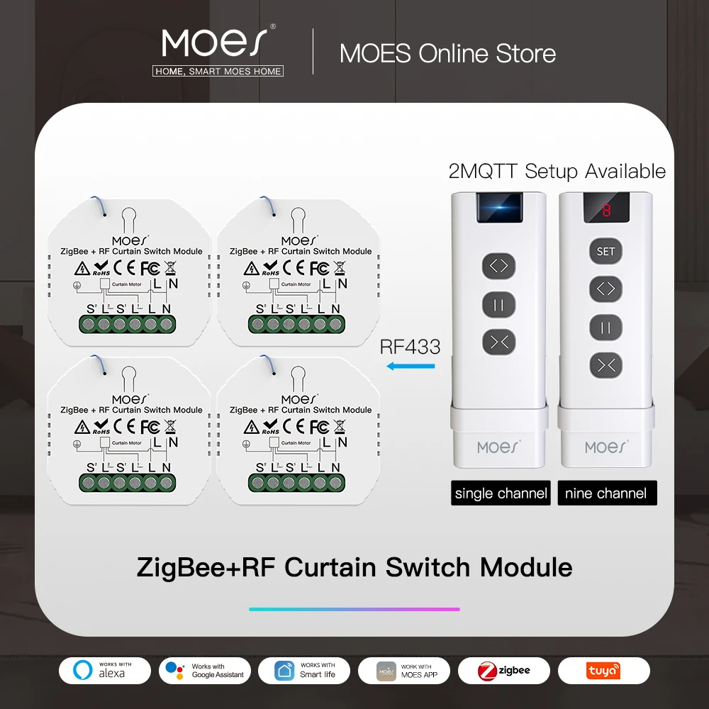 Moes-zigbee Módulo Interruptor Cortina Inteligente para Obturador de Rolo Motorizado Motor de Persianas 2mqtt Smart Life App Alexa Google Home Rf433