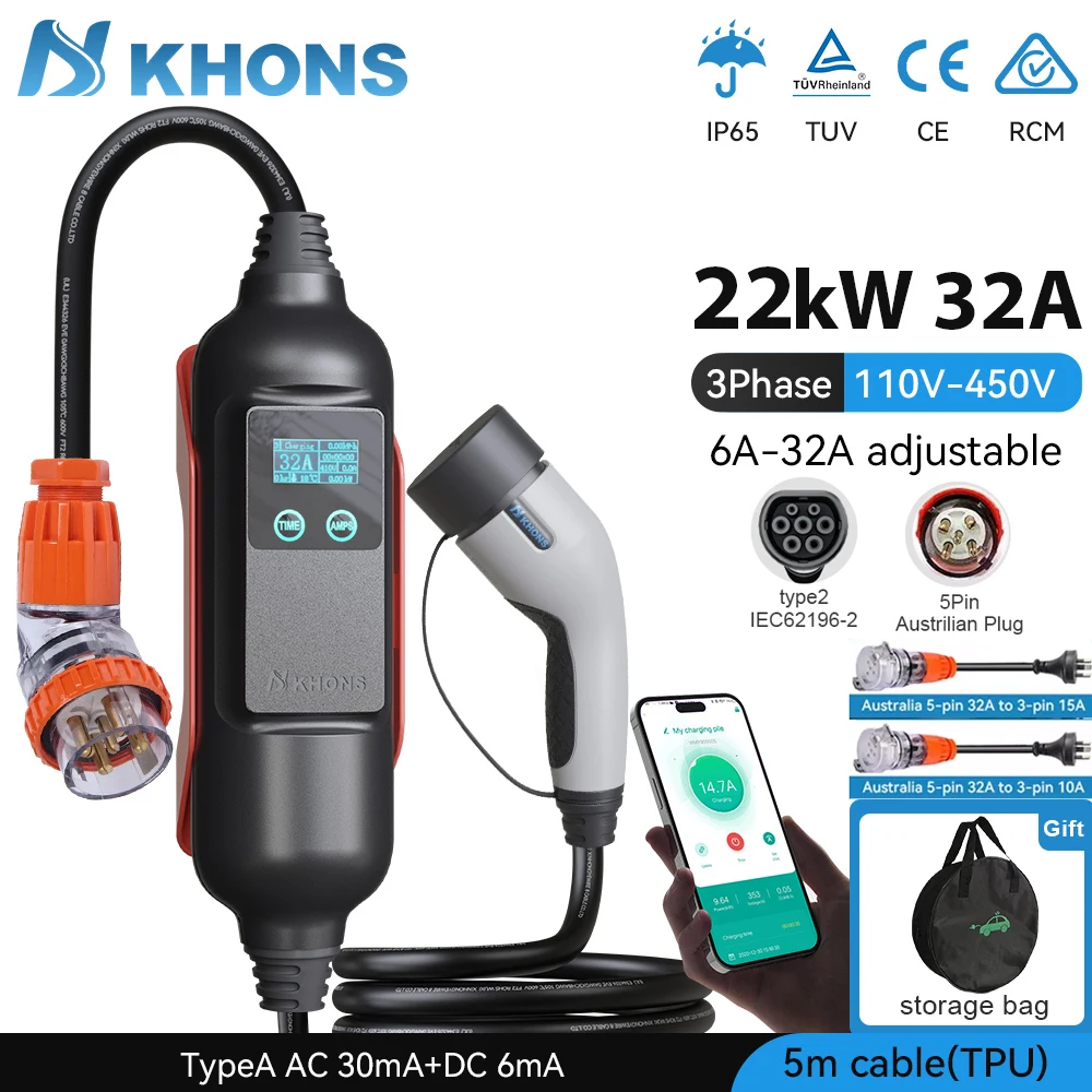 Khons-ポータブルEVカーチャージャー,5m,充電ケーブル,ip65,byd