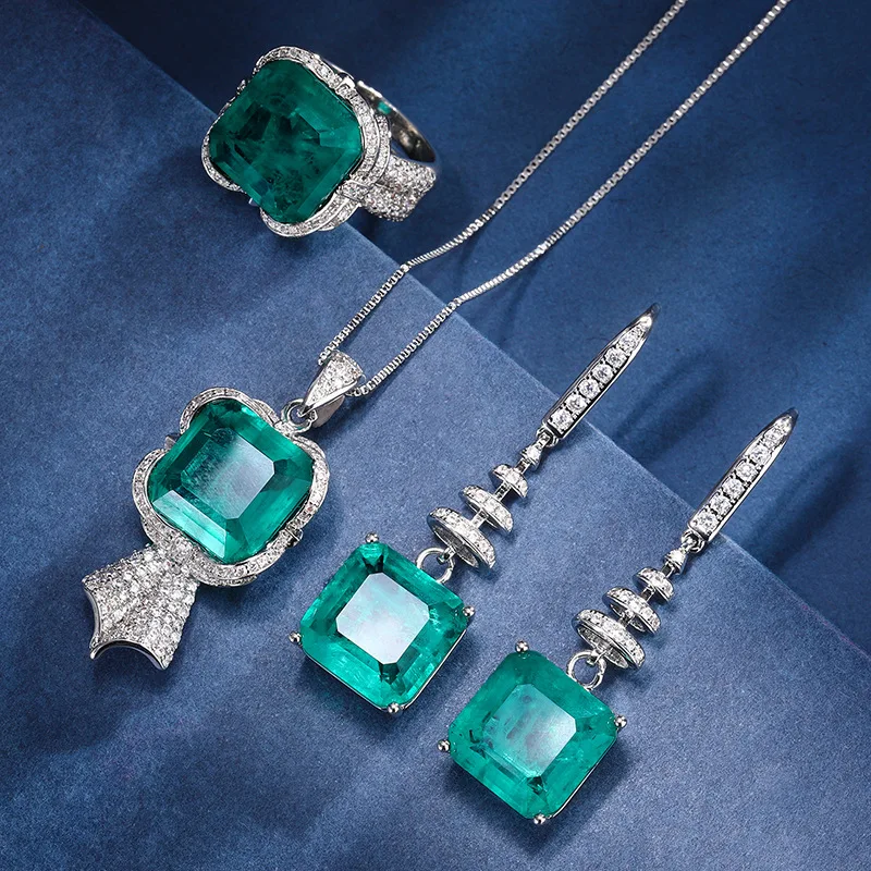 Fashion Square Cut 14*14Mm Paraiba Tourmaline Emerald Jewelry Set Ladies Sparkling High Carbon Lab Diamond Fine Jewelry