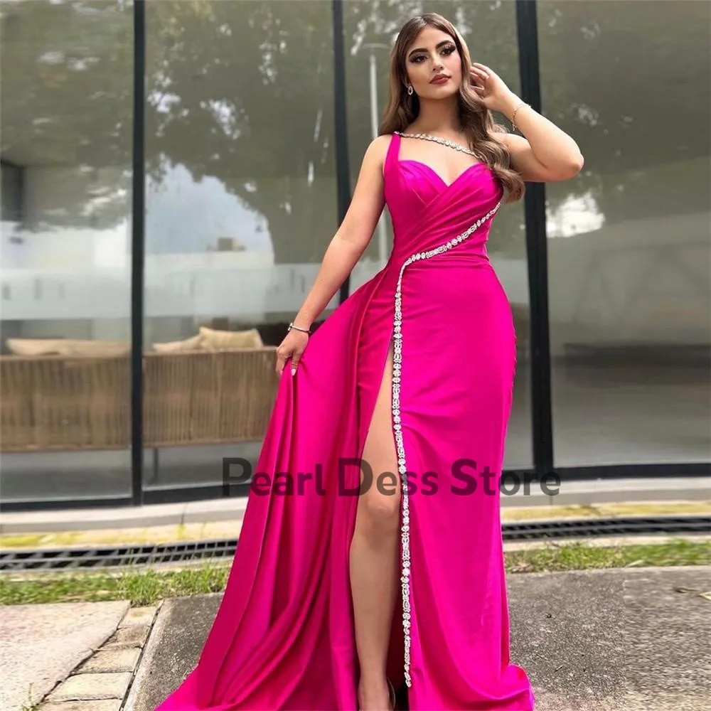 

Fashionable Fushia Evening Dress Thin Shoulder Strap Sequin Pleated Women's Ball Dress High School Split Party Dress 2023