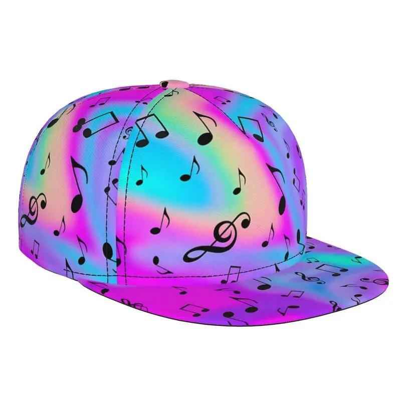 Bunte Regenbogen-Farbverlauf-Musiknoten-Snapback-Kappe, Hip-Hop-Baseballkappe mit flachem Schirm für Männer und Frauen, Musikfestival, Streetwear, verstellbar