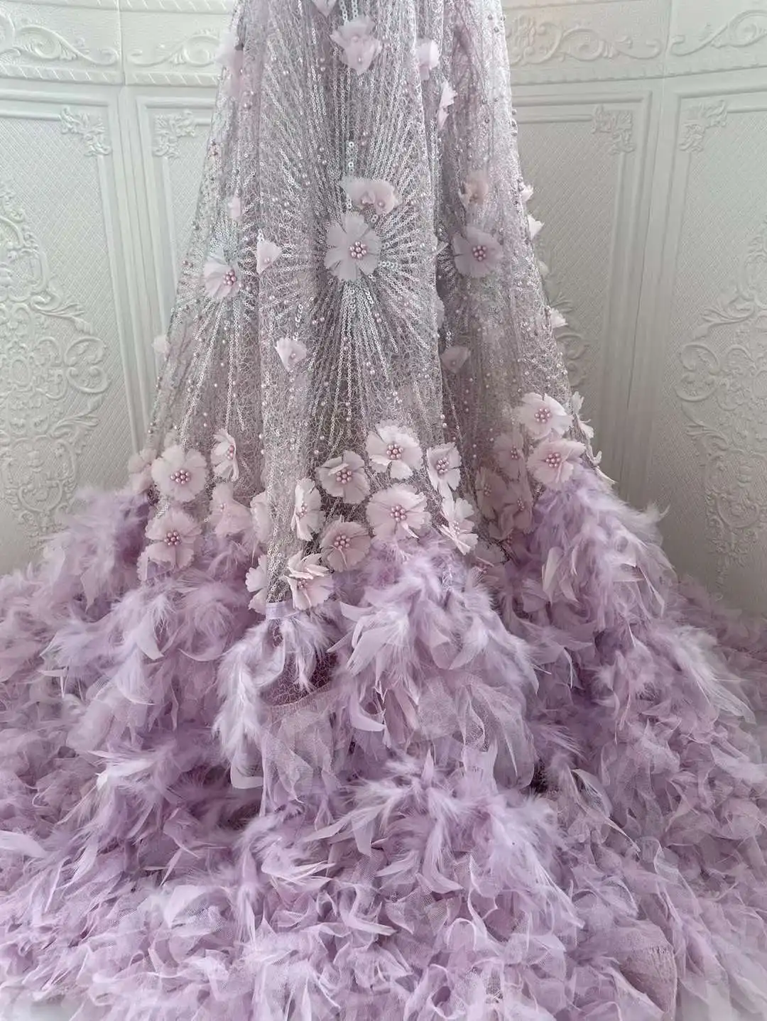 Beautiful African Sequins Lace Fabric High Quality French Nigerian Sequin Mesh Feather Lace Fabric 5 Yard For Wedding Party