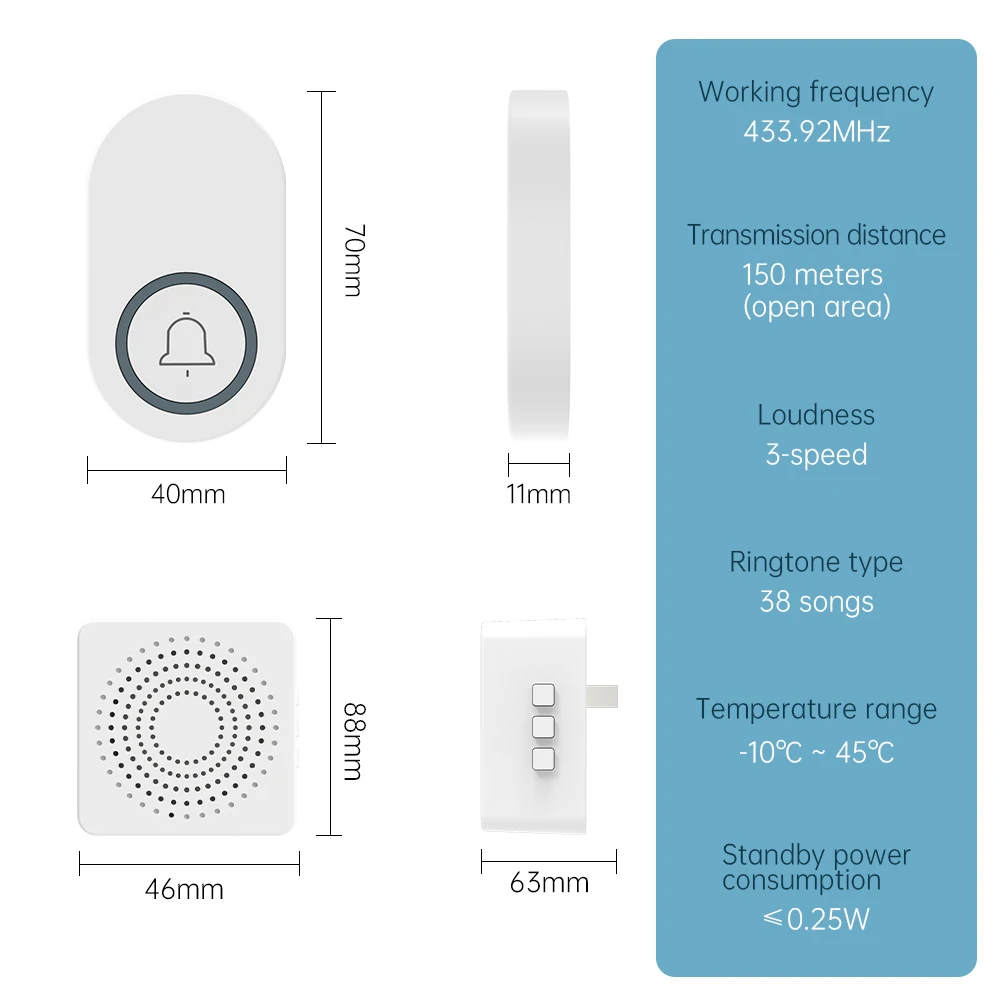 Wireless Doorbell Long-Distance 150M 38 Melody Safety Alarm CR2032 Battery Powered