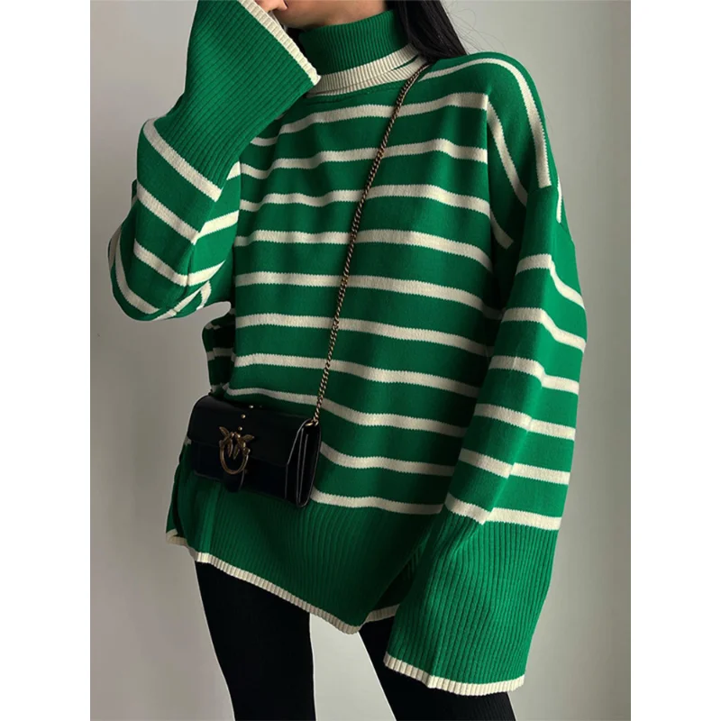 

027 Thin Autumn/Winter Knitwear Pullover Contrast Striped Sweater Autumn/Winter High Collar Loose Casual Women's Wear