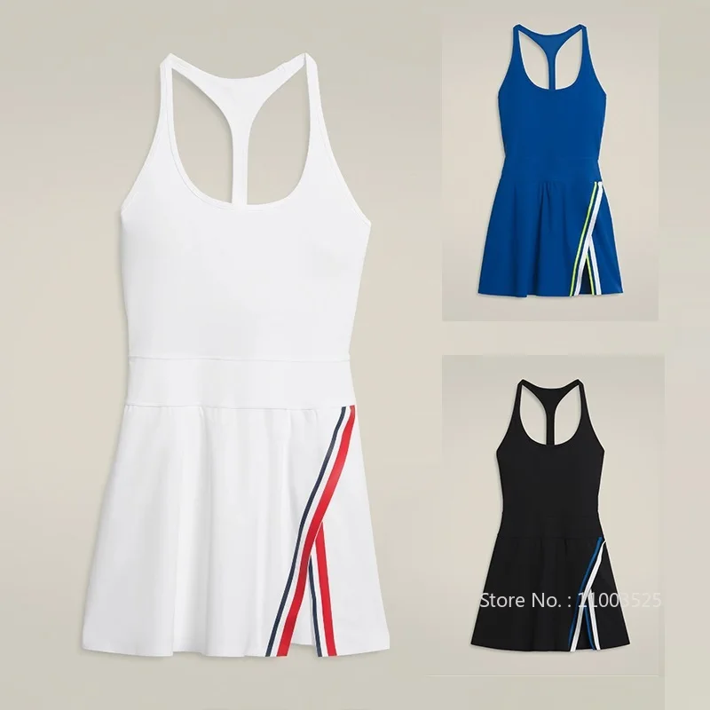 Women Golf Tennis Dress with Shorts Inside Backless Badminton Dress Lady Sleeveless Slim Sports Skirts Split Gym Skorts