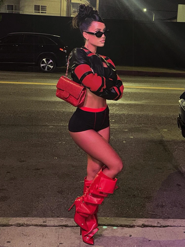 Nibber Hot Girls Contrast Patchwork Crop Coats Women Faux Leather Zip Button o-Neck Full Sleeve High Street Style Classic Jacket