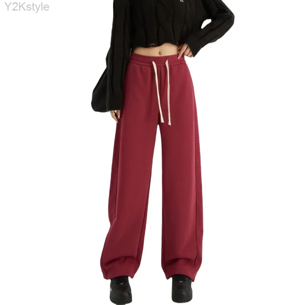 

2024 Winter Women's Pants Faux Cashmere Straight Pants Thicken Windproof Warm Sweatpants Female Loose Fleece Casual Trousers