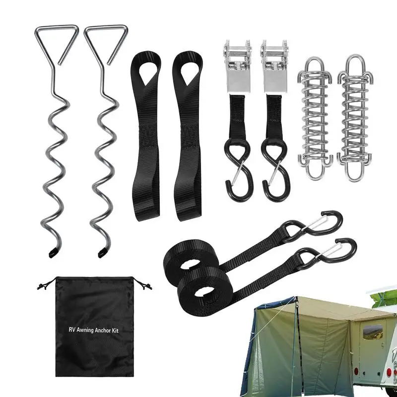 

Camping Tent Stakes Travel Trailer RV Anchor Straps Spring To Tie Down Outdoor Trampoline Tarpaulin Recreation Anchor Kit For