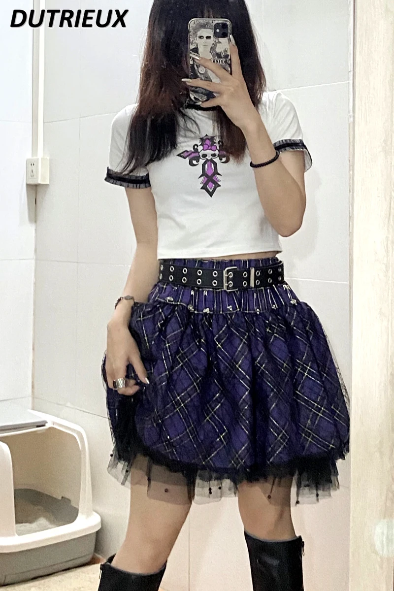 

Summer Street Style Dark Punk Plaid Cake Short Skirt Harajuku Hot Girl Gothic Rock Elastic Waist A- line Mini Skirt for Women