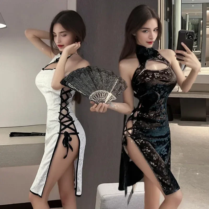 

Sexy Lingerie Female Chinese Cheongsam Uniform Side Lacing Open Hollow Out Nightdress Night Club Hot Exotic Wear for Women Girls