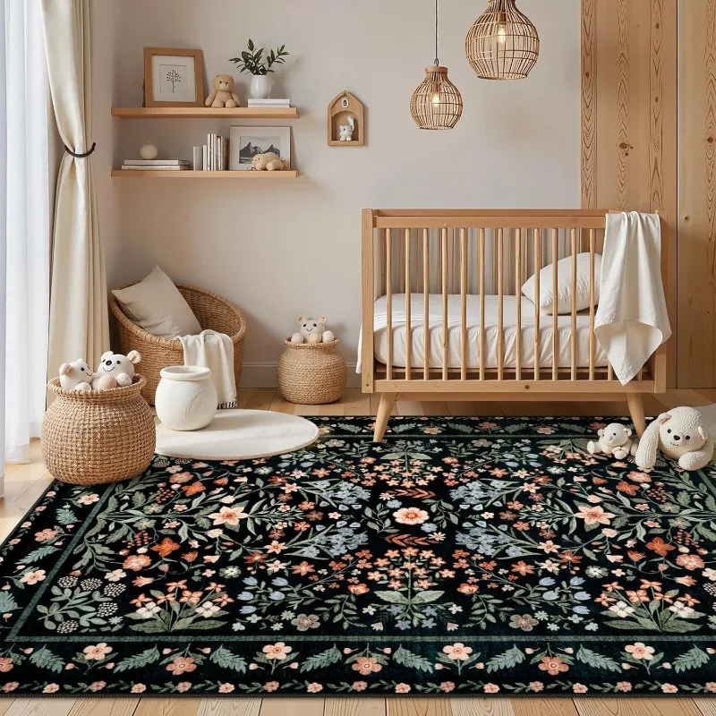 Nordic Retro Living Room Carpet Plant Flower Print Bedroom Rug Large Area Machine Washable Non-slip Coffee Table Mat Tapis Ковер