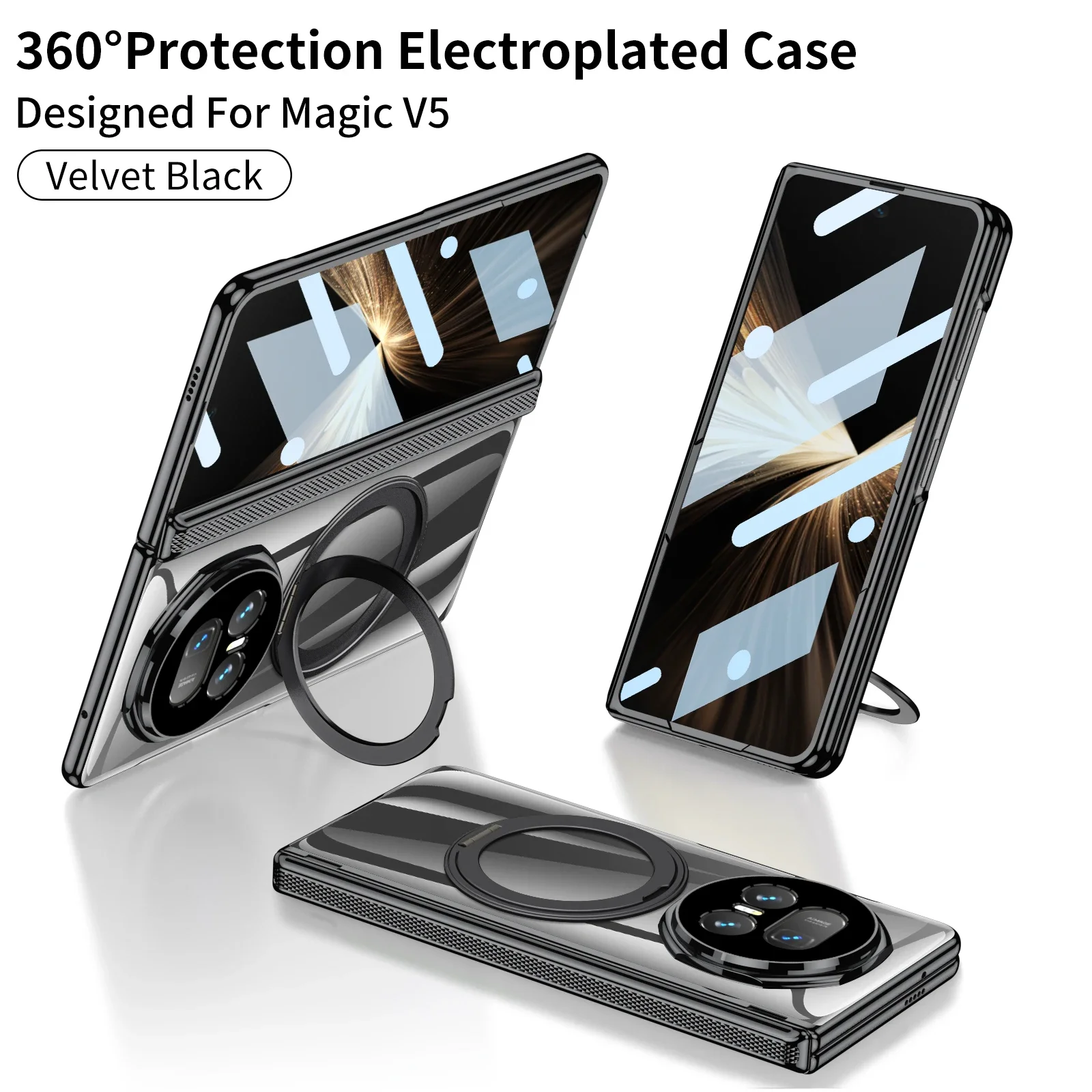 Enhanced Product Title:  
Electroplated Transparent MagSafe Case with Magnetic Rotating Ring Holder and Folding Hinge Featuring Tempered Film Cover